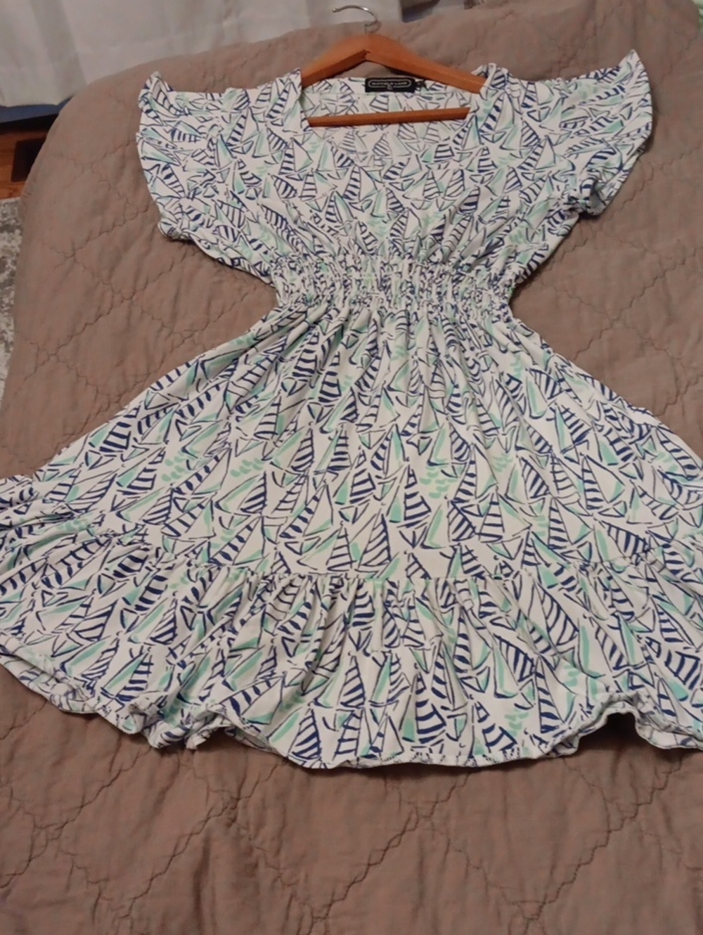 Duffield Lane White Sundress with Navy & Mint Sailboat Print